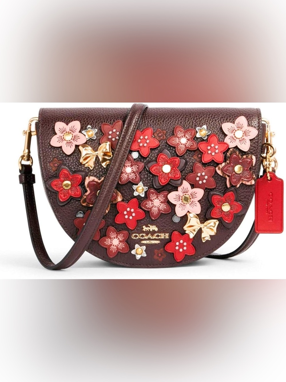 Coach C2176 Burgundy Daisy Applique Ellen Crossbody Bag Red & Pink Accent